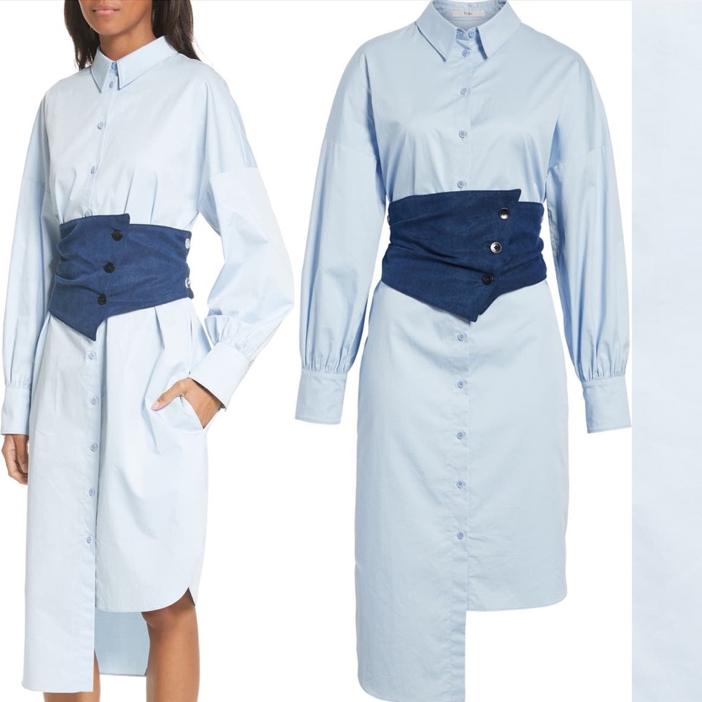 Tibi XS Corset Shirtdress Blue Cotton Poplin Midi Dress